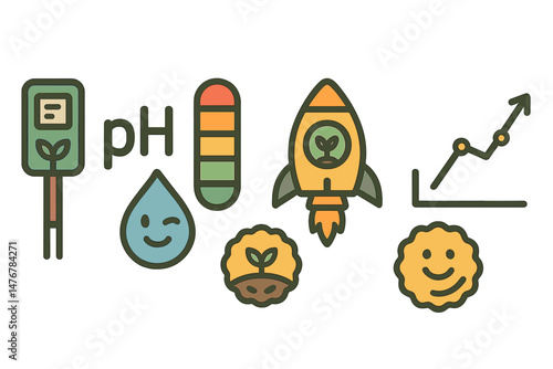 Garden‑IoT icons linking wand, ladder, droplet, rocket, badge, line