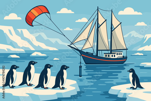 Flat ocean‑science scene with kite sail, corer hoist, and penguins