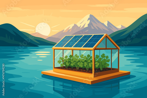 Flat ag‑tech scene with PV rafts, coriander beds, and icy peaks
