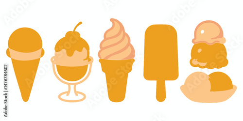 Set of colorful ice cream cones with different flavors in a cartoon style illustration