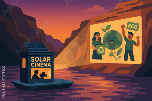 Flat culture‑green scene with PV screen barge, canyon silhouettes, and viewers
