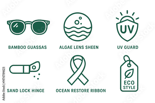 Eyewear‑eco icons linking bridge, sheen, badge, hinge, ribbon, tag