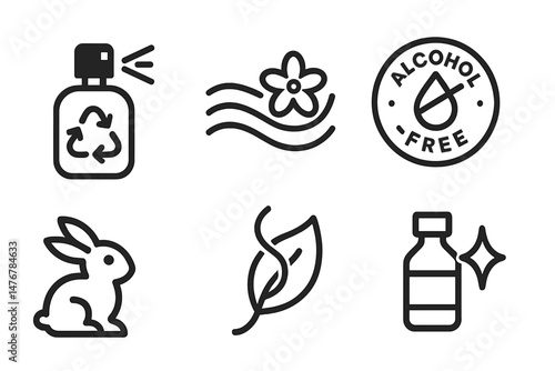Perfume‑eco icons showing spritz, wave, badge, bunny, leaf, spark