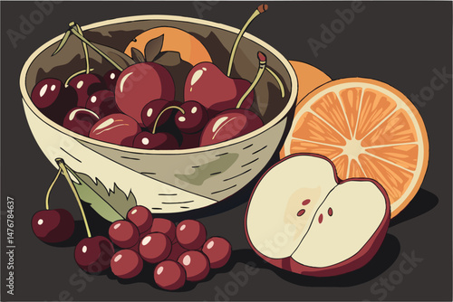 130 8K, highly detailed, hyper-realistic, vibrant, vivid, lush, photorealistic, sharp focus, high contrast, macro shot, assortment of colorful ripe fresh whole fruit, cherries, apples, oranges, grapes