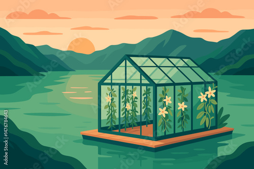 Flat ag‑tech scene with PV rafts, orchid vines, and teal water