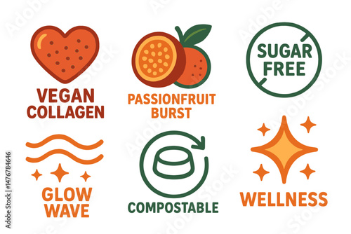Wellness‑gummy icons merging heart, burst, badge, wave, loop, star