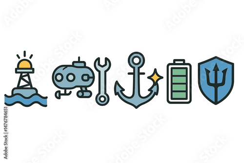 Buoy‑tech icons linking light, wrench, ring, sparkle, bar, badge
