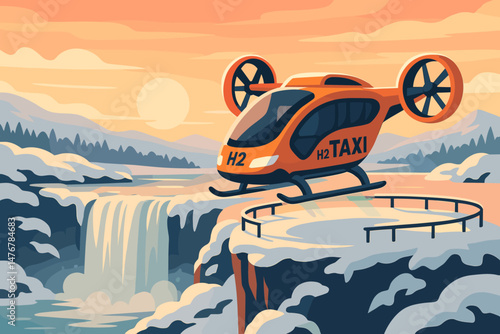 Flat green‑mobility scene with H₂ craft, icy falls, and peach sky