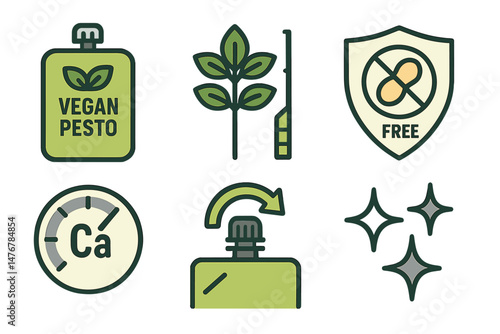 Pesto‑eco icons linking pouch, gauge, shield, dial, arrow, sparkle