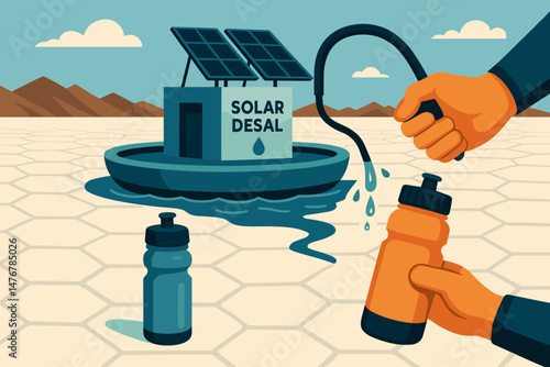 A flat endurance-tech scene is depicted with several elements, including a PV raft, runners, a refill station, and white flats