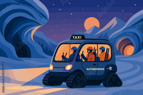 The scene is set in a flat winter wonderland with cutting-edge tech, including e-snow taxis, luminous cave openings, and a rich purple sky