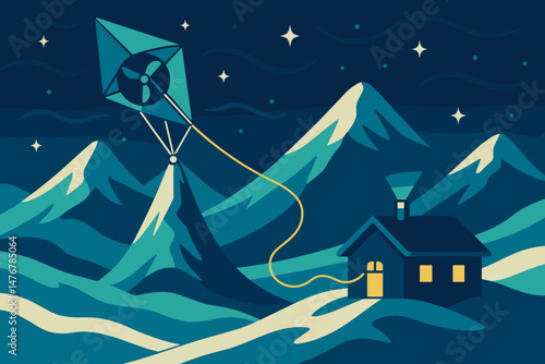 Flat safety‑tech scene with kite line, glowing huts, and night peaks