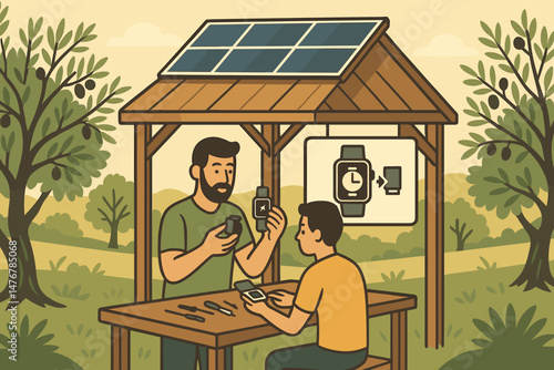 A flat circular area featuring advanced technology, a roof with photovoltaic panels, workbenches, and olive trees is depicted