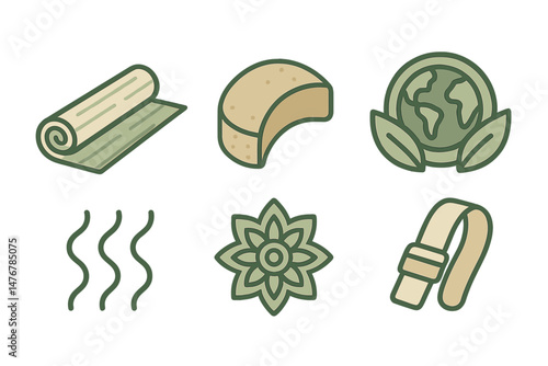 The symbols of yoga and eco‑friendliness are a mat, block, mandala, badge, ripple, and loop