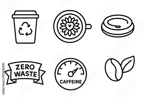 Café‑eco icons linking cup, heart, lid, ribbon, dial, emblem