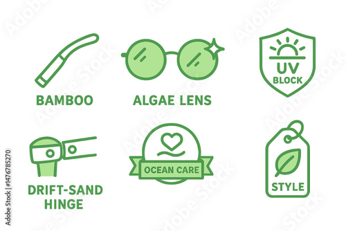 Eyewear‑eco icons linking arm, twinkle, badge, hinge, ribbon, tag