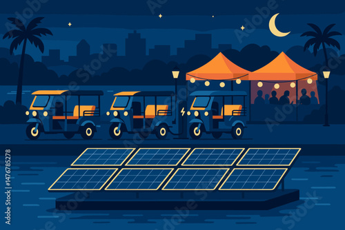 Flat culture‑tech scene with PV rafts, e‑tuk‑tuks, and lantern stalls