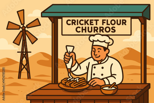 Flat alt‑protein scene with churro spiral, turbine backdrop, and dune tents