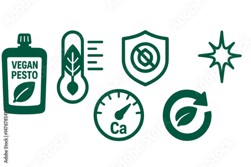 Pesto‑eco icons linking pouch, meter, shield, dial, arrow, spark