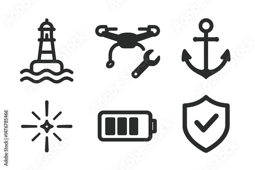 Buoy‑tech icons linking light, wrench, ring, spark, bar, badge