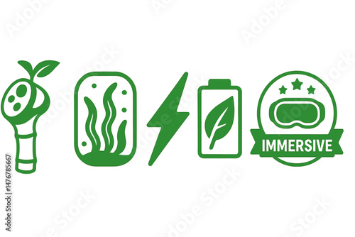 XR‑eco icons merging joystick, pad, bolt, meter, badge
