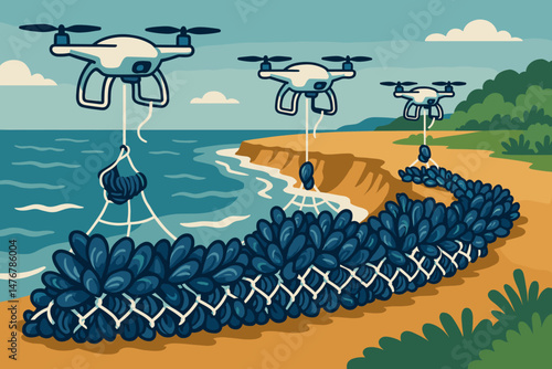 The scene of marine technology appears flat, with components including drone filament, mussel lines, and wave spray