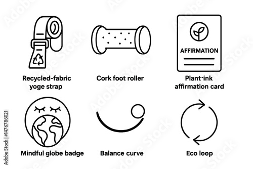 Yoga‑eco icons linking strap, roller, card, badge, curve, loop