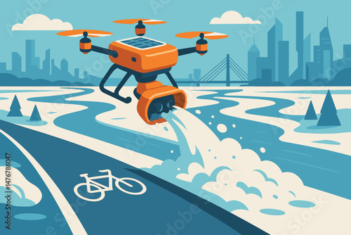 The scene is a flat winter landscape that includes a drone plow, delta bridges, and icy flats