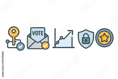 The icons for e-governance are a key, envelope, graph, padlock, and badge