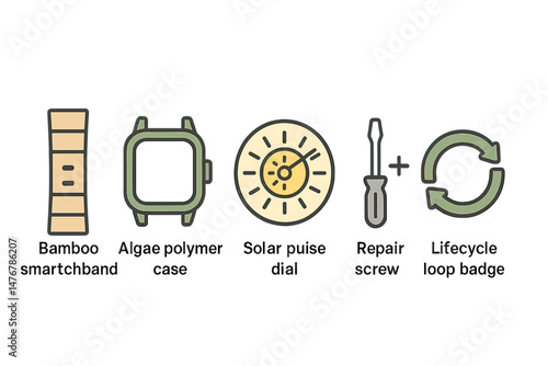 Icons representing eco-friendly wearables display various components including the band, case, dial, screw, and loop badge