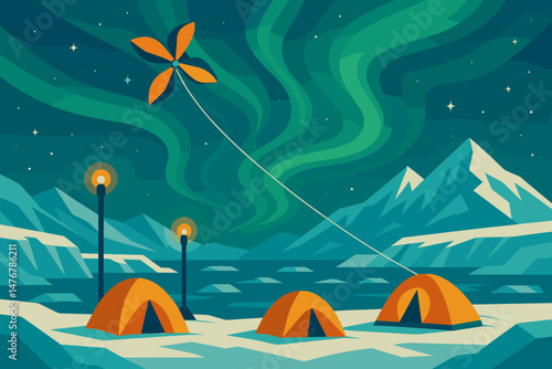 The scene is a flat safety-tech setting that features a kite line, illuminated tents, and a green aurora