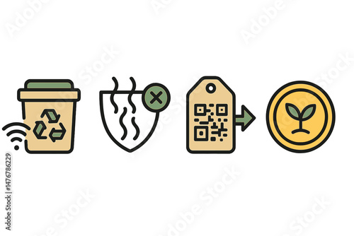 Icons for an IoT composting system that includes a bin, filter, gauge, QR code, and reward coin