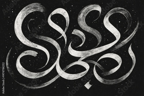 Abstract white Arabic calligraphy on black background with starry texture