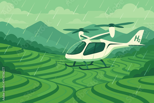 The scene features flat green mobility with H₂ rotors, rice terraces, and a mist of rain