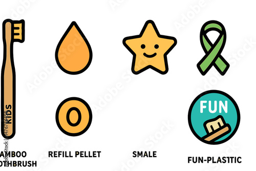 Icons for child dental care include a brush, drop, pellet, star, ribbon, and badge