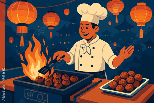 The scene features a flat layout of plant-based food, including lupin falafel being grilled, accompanied by blue coils and paper lanterns
