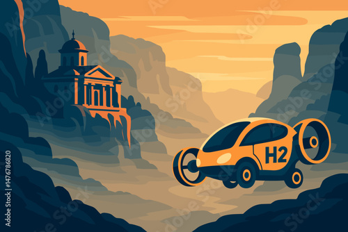 A futuristic scene of transportation features hover fans, a monastery perched on a cliff, and fog in pastel hues