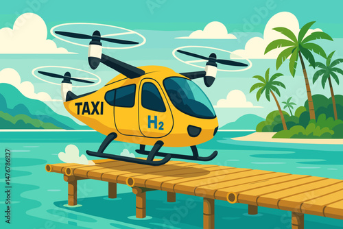 The scene features a flat green mobility setting with hydrogen craft, clear water, and a palm tree skyline