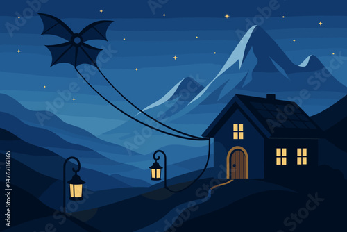 A flat mountain-tech scene features a kite line, glowing lanterns, and blue peaks