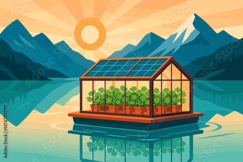 The ag-tech landscape is flat and features PV rafts, coriander beds, and icy peaks