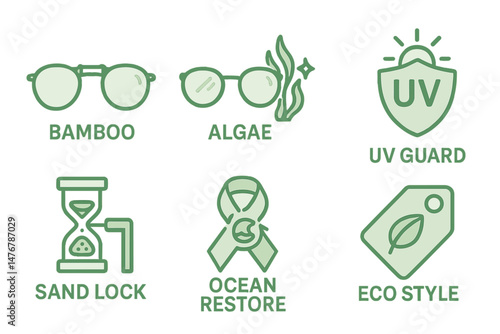 Icons representing eco-friendly eyewear connect bridge, sheen, badge, hinge, ribbon, and tag