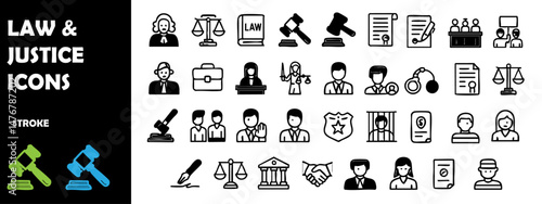 Law and Justice Icons Set – Legal and Court System Outline Vector Collection