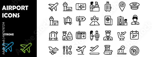 Airport and Aviation Icons Set – Line Style Travel and Transportation Vector Icons