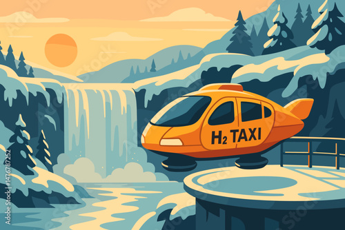 The scene is set with a flat green landscape featuring hydrogen-powered craft, icy waterfalls, and a sky with a peach-colored hue