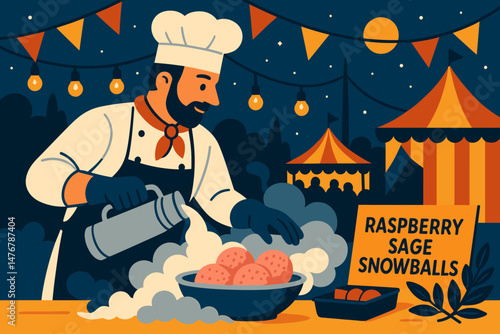 The dessert-tech landscape is flat and features vapor clouds, red snowballs, and a ferris wheel