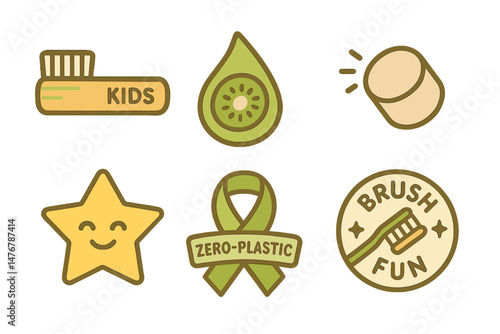 Icons for kids' dental care feature a brush, drop, pellet, star, ribbon, and badge