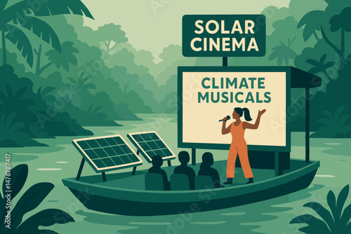 The scene features a flat cultural landscape with a green backdrop, incorporating a photovoltaic screen raft, surrounded by jungle mist, and observed by canoe viewers