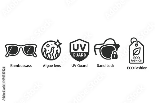 Icons representing eco-friendly eyewear display various components including the frame, sparkle, badge, hinge, ribbon, and tag