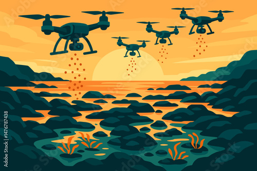 The marine-tech landscape is flat, featuring a misty drone, tide pools, and a vibrant orange dawn