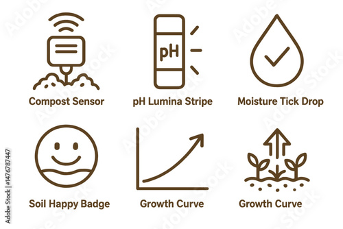 Icons for Garden‑IoT are combining elements of beacon, stripe, drop, arrow, badge, and curve